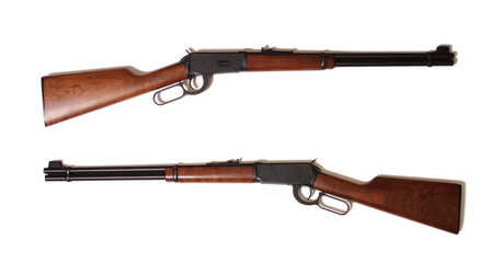 Vintage 30-30 Lever Action Rifle Isolated on White Background Both Sides - obrazy, fototapety, plakaty