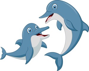 Naklejka premium Cute mother dolphin with baby