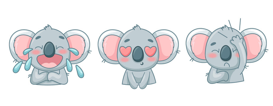 Set of baby koalas with different emotions, crying, in love, facepalm. Vector illustration for designs, prints and patterns. Isolated on white background