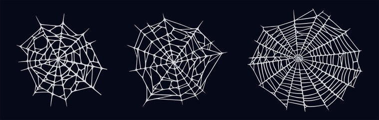 Spider web set isolated on black background. Spooky Halloween cobwebs. Handrawn vector illustration