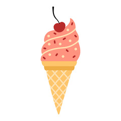 Ice cream in waffle cone vector icon. Hand drawn illustration isolated on white background. Delicious summer dessert with sprinkling, cherry berry. Flat cartoon style, clipart for decoration, design