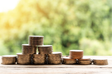 Coins growing up on stacks money background, money growth, as Plant ,savings, fund  and investment...