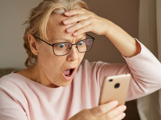 Senior woman dumbfounded by the news looks into the smartphone