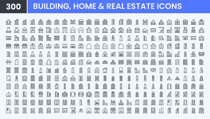 Minimal Building vector line icon set. Contains linear outline icons like Home, Real Estate, Hotel, Skyscraper, Residential, Hospital, Factory, Apartment, Shop, City. Editable use and stroke.