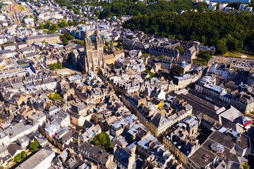 Scenic aerial view of French city of Quimper and medieval gothic cathedral at sunny summer day