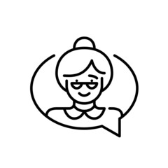 Grandma chatting. Nice older woman wearing glasses and a bun. Pixel perfect, editable stroke line icon