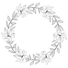 Obraz premium Flower wreath. Composition from botanical elements. Flowers and leaves in line art style.