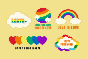 Pride Month collection of graphic elements. Pride design logo icon. Set of LGBTQ+ related symbol in rainbow colors. Gay pride. Rainbow community pride month.