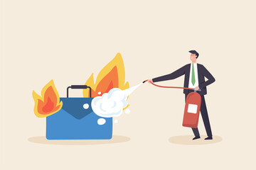 Stress at work, Try to solve mentality problems and fight work burnout. The concept of psychotherapy for work. A businessman uses a fire extinguisher to extinguish a burning briefcase.