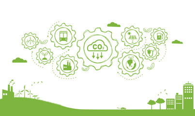 Reduce carbon dioxide emissions to limit global warming and climate change. Lower CO2 levels with sustainable development as renewable energy and electric vehicles - green city vector - obrazy, fototapety, plakaty
