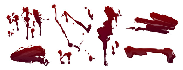 Stains and splatters of blood isolated on white background. Vector cartoon set of bloody splashes, scary sprays with drops. Spots and drips of red liquid paint or ink