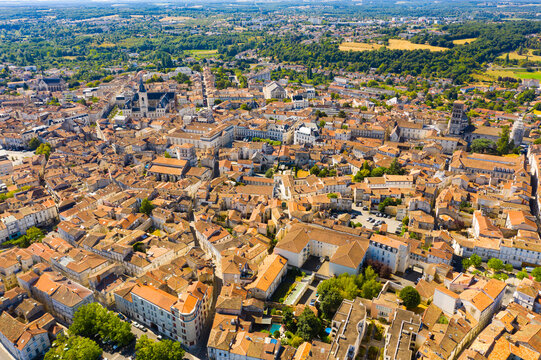 Flight over the city Angouleme on summer day. France