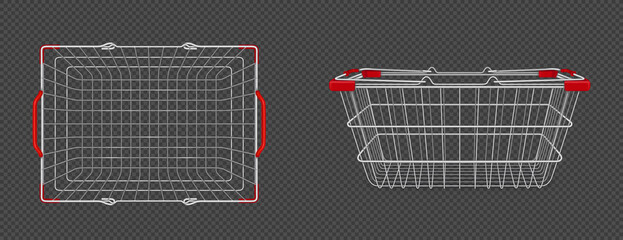 Supermarket basket from metal wire in top and side view. Vector realistic mock up of empty shopping cart with red plastic handles for buy grocery, food and goods in market and shop © klyaksun