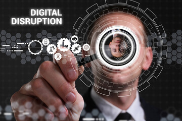 Business, technology, internet and network concept. Young businessman thinks over the steps for successful growth: Digital disruption