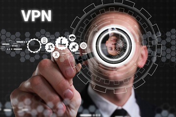 Business, technology, internet and network concept. Young businessman thinks over the steps for successful growth: VPN