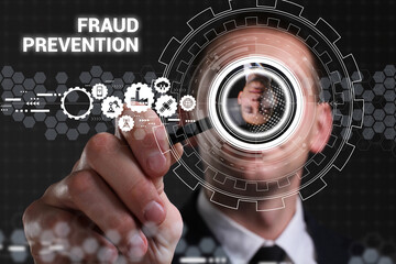 Business, technology, internet and network concept. Young businessman thinks over the steps for successful growth: Fraud prevention