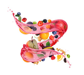 Different fruits and berries with splashes of juice in a swirling shape on a white background