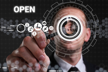 Business, technology, internet and network concept. Young businessman thinks over the steps for successful growth: Open