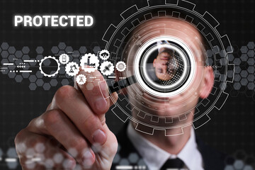 Business, technology, internet and network concept. Young businessman thinks over the steps for successful growth: Protected