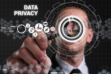 Business, technology, internet and network concept. Young businessman thinks over the steps for successful growth: Data privacy