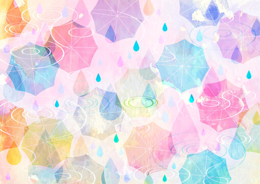 油彩風傘と波紋のカラフル梅雨イメージ背景ヨコ