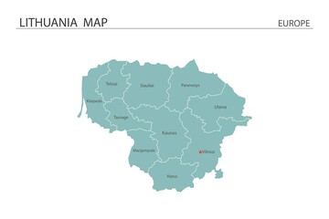 Fototapeta premium Lithuania map vector illustration on white background. Map have all province and mark the capital city of Lithuania.