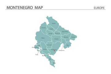 Montenegro map vector illustration on white background. Map have all province and mark the capital city of Montenegro. - obrazy, fototapety, plakaty