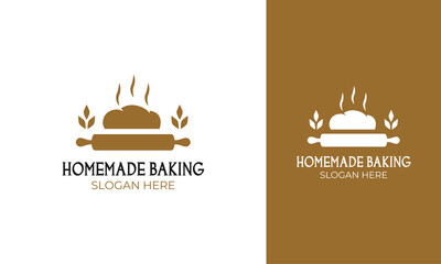 Homemade bread logo design with a rolling pin, wheat, and tasty for bakery shop