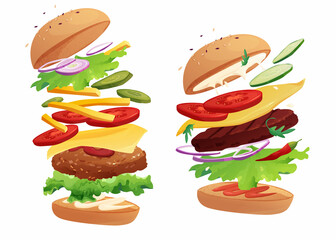 Delicious flying burger with chili, tomato, cheese, cucumber, meat, onion, ketchup and salad. Bun with sesame. Cartoon vector illustration.