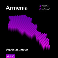 Armenia 3D map. Stylized neon digital isometric striped vector Map of Armenia is in violet and pink colors on black background