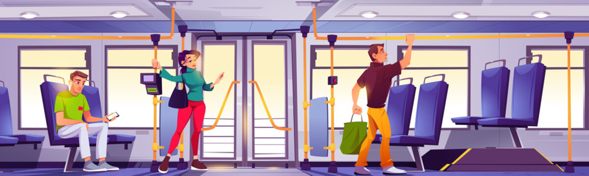 People ride in city bus. Vector cartoon illustration of public transport interior with seats, handrails, ticket validator, and passengers. Woman and men standing in autobus