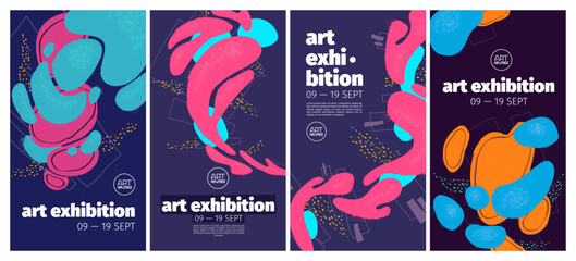 Art exhibition flyers with abstract painting on background. Vector vertical banners of modern gallery with creative artwork with hand drawn fluid shapes and grunge texture © klyaksun