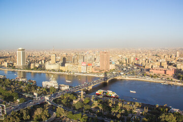 CAIRO, EGYPT - DECEMBER 29, 2021: Beautiful view of the center of Cairo and Zamalek island from the Cairo Tower in Cairo, Egypt