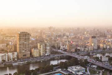 CAIRO, EGYPT - DECEMBER 29, 2021: Beautiful view of the center of Cairo and Zamalek island from the Cairo Tower in Cairo, Egypt