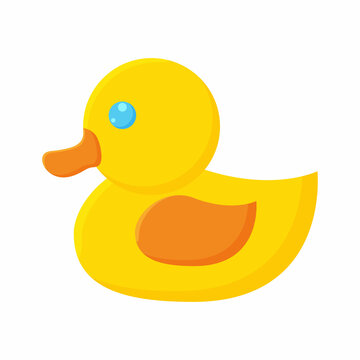 Yellow duck toy. Inflatable rubber duck. Vector illustration, flat design element, cartoon style, isolated on white background, side view.