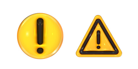 Caution signs 3d set. Hazard warning circle and triangle stickers. Danger, attention and important exclamation mark in triangle. Realistic vector render design element.