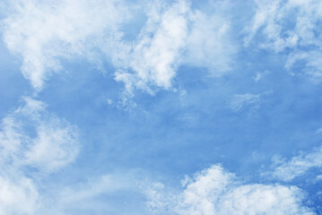 Scattered white cloud in high sky atmosphere. Natural cloud frame in light blue sky background.