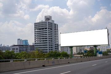 Billboard canvas mockup in city background. beautiful weather