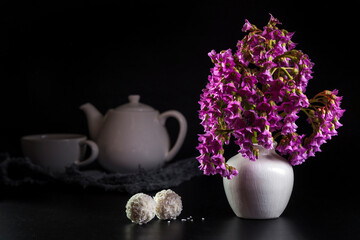 A bouquet of bergenia in a light vase and coconut candies on a dark background. Copy space