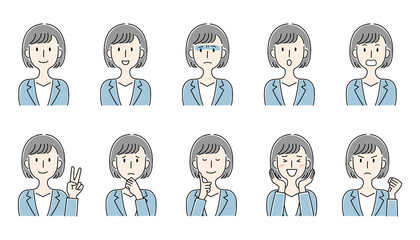 手描き風・いろいろな表情の女性のベクターイラストセット