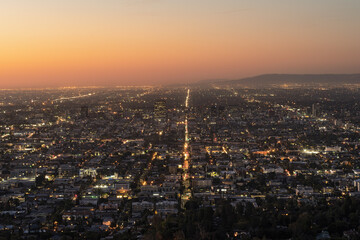 View looking south of the City of Los Angeles from Griffith Park shown at dawn.