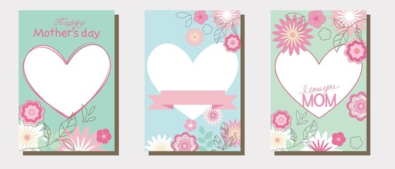 Set of Mother's day illustration template, Happy Mother's day frame collection decoration with floral pattern and Heart f. Cover illustration. Template, frame and design elements. Vector illustration.