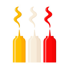 A set of bottles with sauces on a white background.
