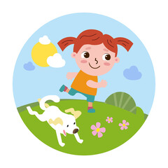 Obraz na płótnie Canvas Little girl play with dog. Everyday affairs. Health and rest. Cute cartoon character. Vector illustration for children book design.