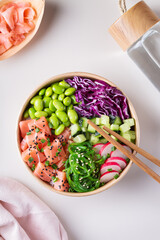 Vegan Poke bowl with Plant based tuna, wakame and edamame