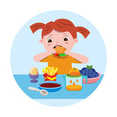 Little girl eating. Cute cartoon character. Vector illustration for posters, children book design.