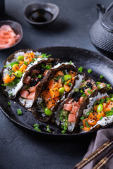Vegan Sushi Tacos with Plant based salmon and tuna