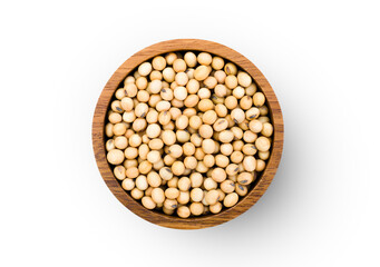  soybeans in wooden bowl isolated on white 