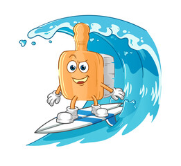 wooden brush surfing character. cartoon mascot vector