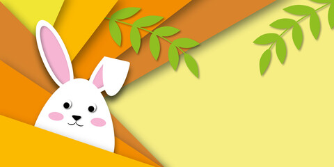 White rabbit with leaf on yellow and orange background. Holiday illustration for greeting card of Happy Easter’s Day. space for the text. Graphic paper cut design style.